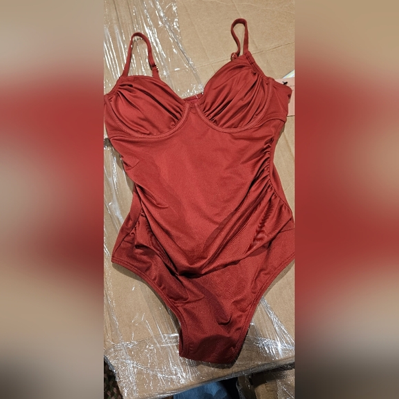 (09)Rust One-Piece Swimsuit with Subtle Ruched Bust - Picture 3 of 5